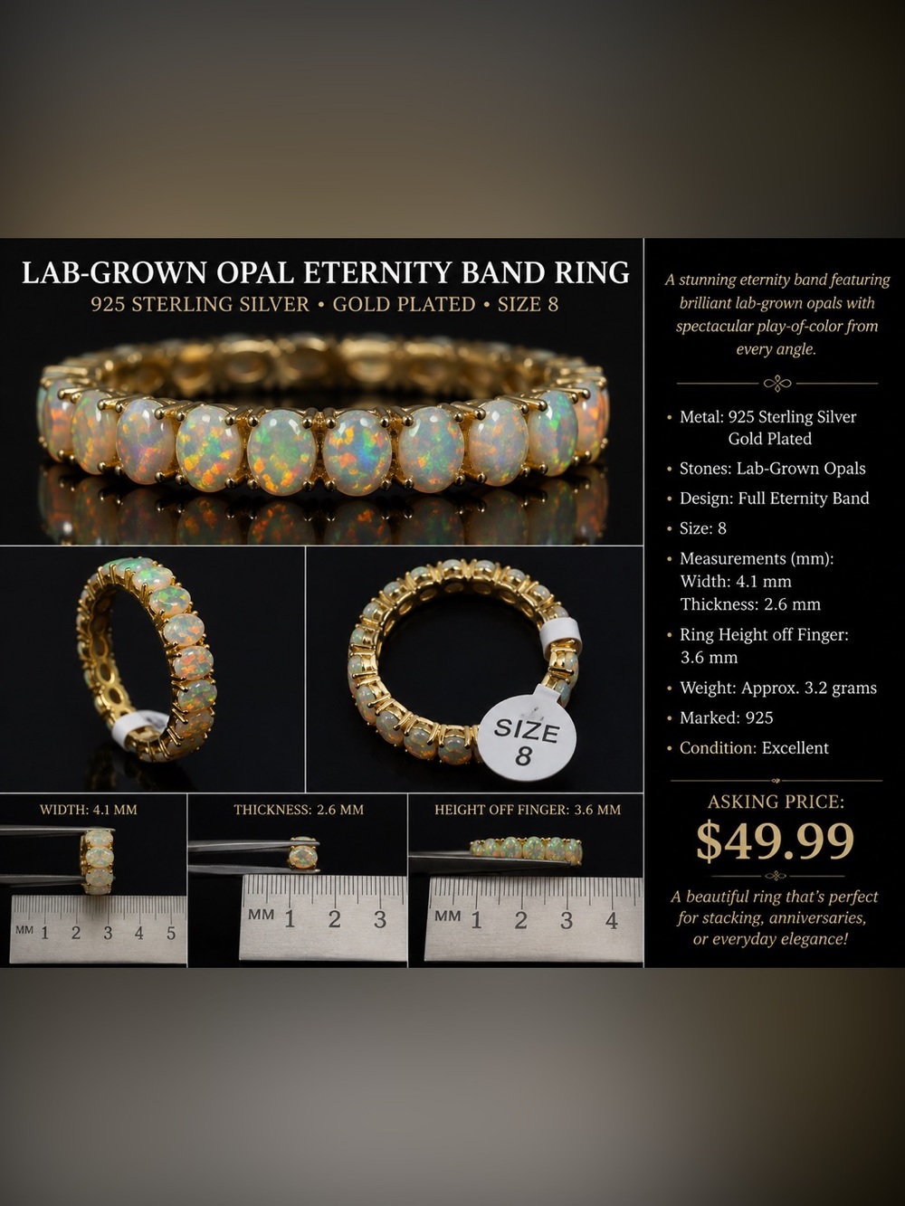 Gold-Plated Lab-Grown Opal Eternity Band Ring - White Opal